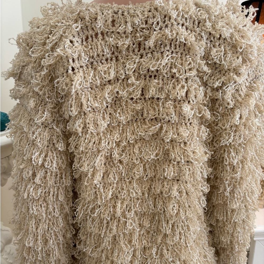 Beige Textured Fringe Open Front Jacket - Picture 6 of 10